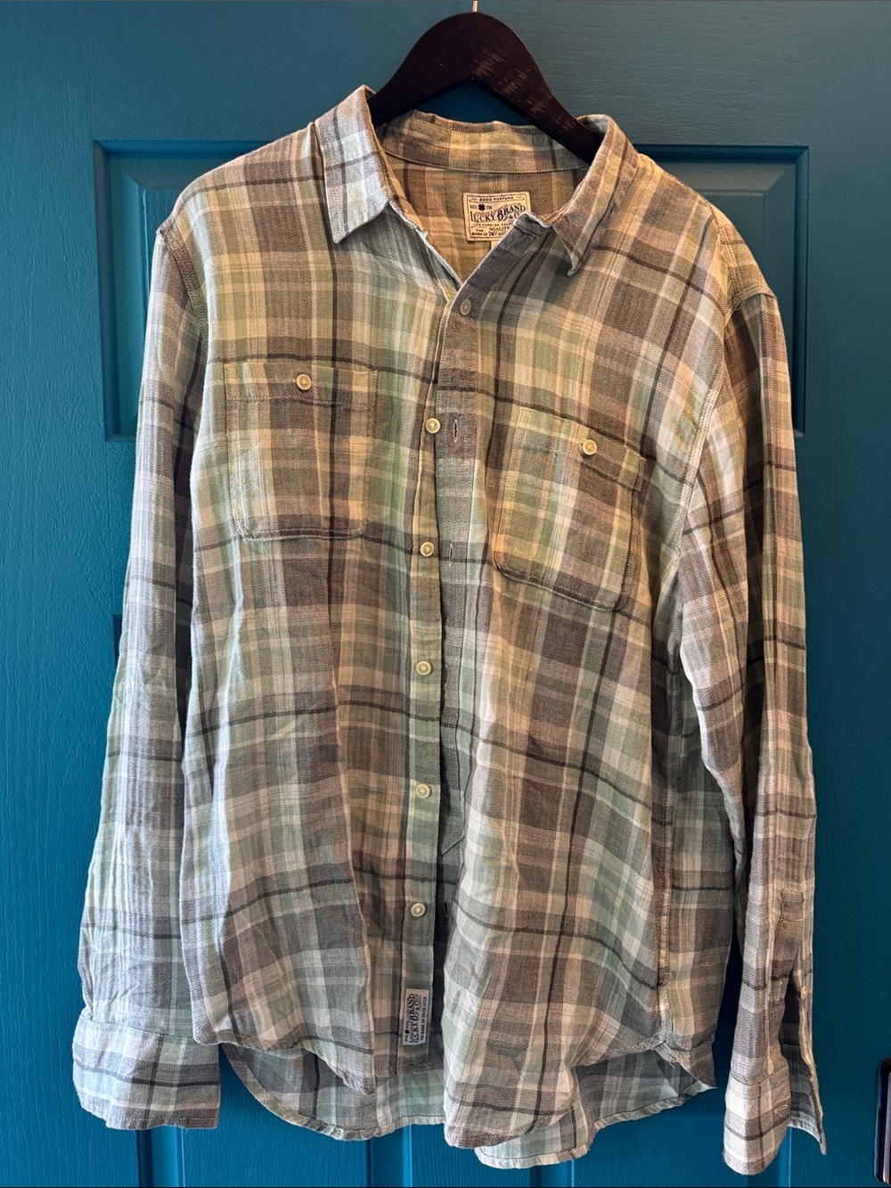 Casual Plaid Long-Sleeve Shirt - Light Green/Brown